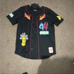 Black Graphic Baseball Jersey Top with Flame & Patch Details